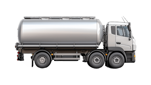 Silver tanker truck side view with detailed features on transparent background png