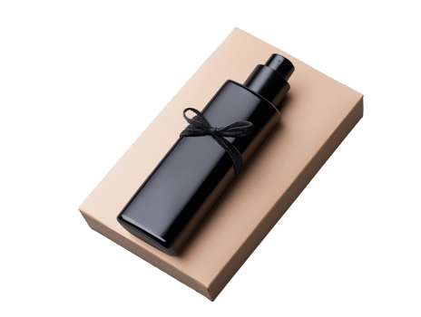 Elegant black perfume bottle with gift box and ribbon on transparent background png