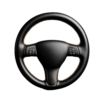 Black leather steering wheel with buttons and stitching on transparent background png