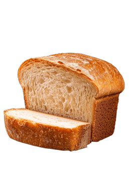 Freshly baked loaf of bread with sliced portion on transparent background png
