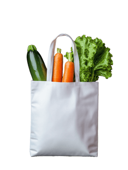 Fresh vegetables in reusable bag with lettuce, carrots, and zucchini on transparent background png