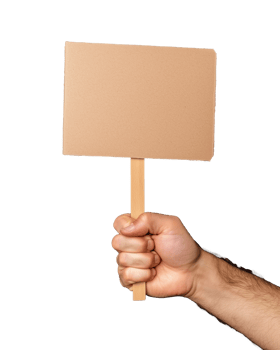 Hand holding a blank cardboard sign on transparent background png