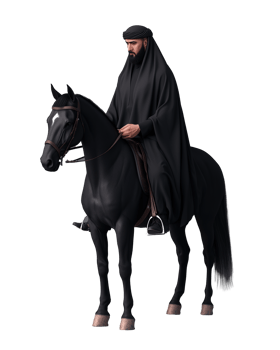Black horse rider in traditional attire on transparent background png