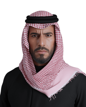 Middle Eastern man wearing traditional attire with serious expression on transparent background png
