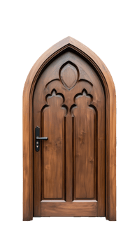 Gothic wooden door with intricate carvings and arched top on transparent background png