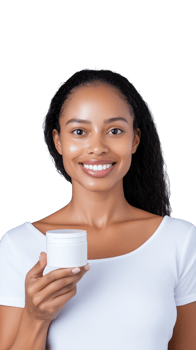 Smiling woman holding skincare cream jar on transparent background png