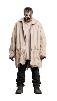 Zombie character in tattered clothing with gruesome makeup on transparent background png