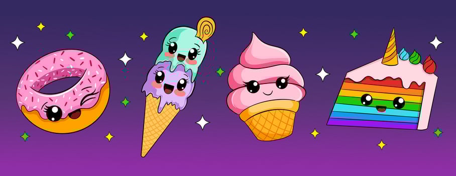 cute food characters. colorful kawaii sweets vector