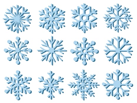 A collection of stylized blue snowflake designs on a clean white background, showcasing unique and symmetrical patterns. Concept of winter, nature, and decoration. illustration vector