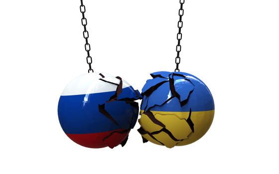 Concept of Russia-Ukraine War between Russia and Ukraine. 3d illustration Symbol of a two metal ball Russia and Ukraine flag Attack political conflict. png