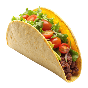 A taco that is yellow and green with tomatoes and lettuce isolated on transparent background png