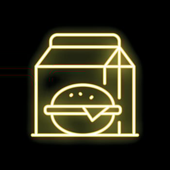 Glowing neon icon of burger in cardboard box on black background vector