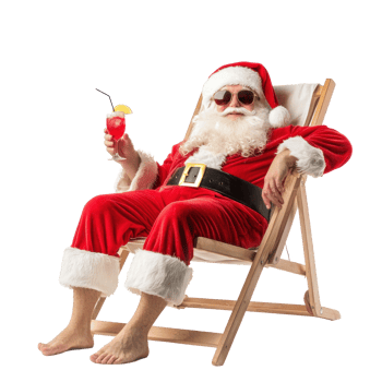Santa Claus relaxing on deckchair holding cocktail isolate on transparent background png