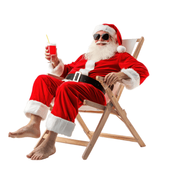 Santa Claus relaxing on beach chair holding coktail side view isolate on transparent background png