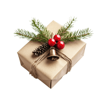 Christmas gift box with barble and jingle bell with fir branch front view isolate on transparent background png