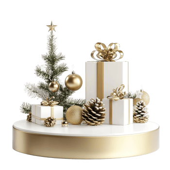Empty Christmas white and gold podium with decoration items isolate on transparent background png