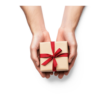 Couple's hands holding packaged Christmas present together top view isolate on transparent background png