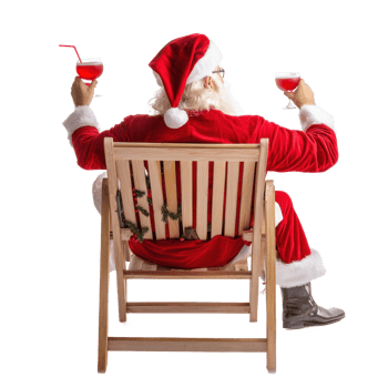 Santa Claus relaxing on deckchair holding cocktail rear view isolate on transparent background png