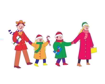 illustration of family celebrating christmas with winter coat, happy children with the gifts they bring. vector