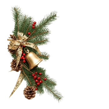 Christmas corner with gold bell and green spruce twigs, red berries, cones and ribbon bow isolate on transparent background png