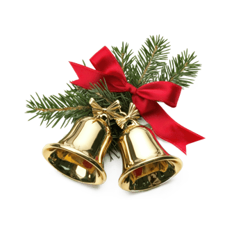 Gold Christmas bells with red ribbon and green fir isolate on transparent background png