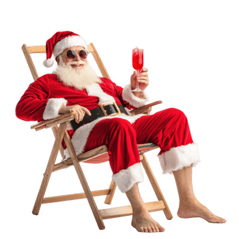 Santa Claus relaxing on beach chair holding coktail front view isolate on transparent background png