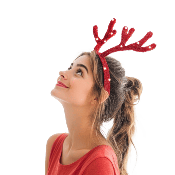 Pretty young woman smiline wear red reindeer antlers headband looking up side view isolate on transparent background png
