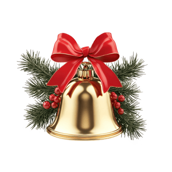 Golden Christmas bell with red bow holly berries and pine tree branch isolate on transparent background png