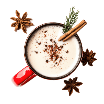 Red mug of eggnog cocktail with christmas decoration top view isolate on transparent background png