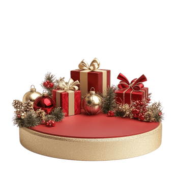 Christmas podium with gold and red decorations and presents isolate on transparent background png