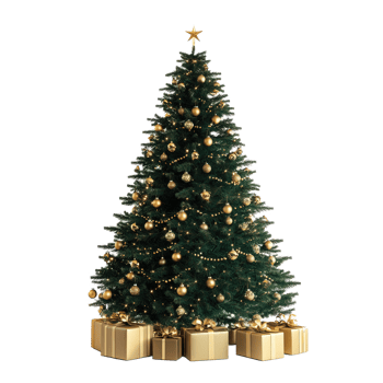 Green Christmas tree with gold decoration and presents isolate on transparent background png