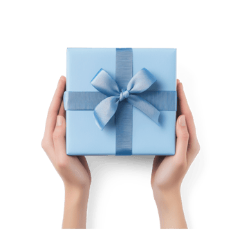 Hands hoding blue gift box top view isolate on transparent background png