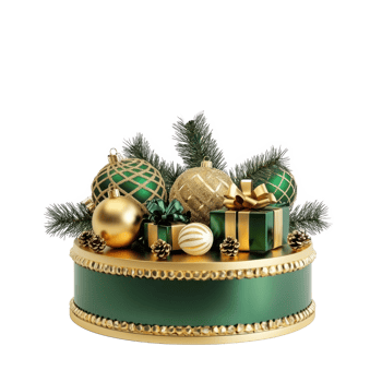Empty Christmas podium in gold and green with decoration items isolate on transparent background png