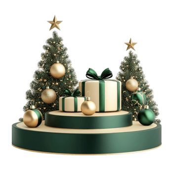 Christmas podium in gold and green color isolate on transparent background png