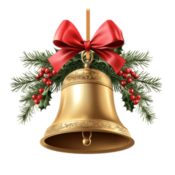 Golden Christmas bell with red bow holly berries and pine tree branch isolate on transparent background png