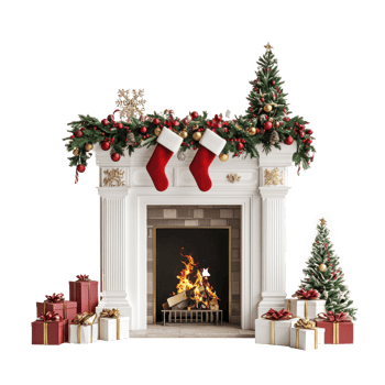Modern Christmas Fireplace with decorations isolate on transparent background png