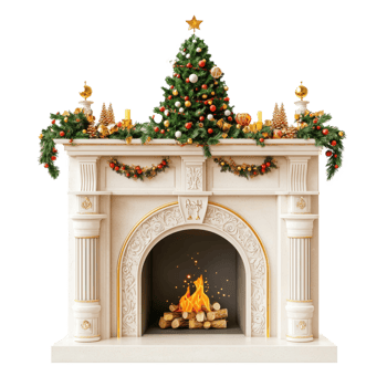 Elegant Christmas Fireplace with decorations isolate on transparent background png