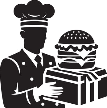 Chef Holding a Delicious Gourmet Burger, Restaurant Logo Design vector