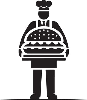 A black and white illustration of a chef holding a tray with a large burger. Chef Serving a Delicious Burger vector
