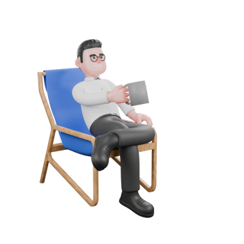 Film Set Cartoon Producer. A male producer sits on a lounge chair with his legs crossed, one hand holding a coffee cup with a serious expression. Professional Illustration png