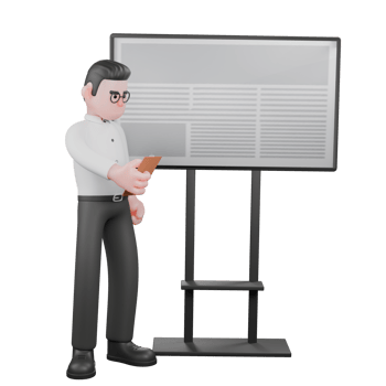 Movie Producer Cartoon. A male producer stands in front of a blackboard, holding a notepad with his right hand while his left hand is clenched at his side. Studio Style png
