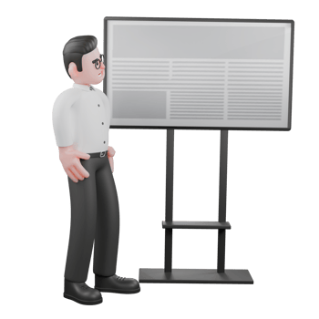 Film Set Cartoon Producer. A male producer stands with both hands on his waist, while looking at the blackboard next to him. Professional Illustration png