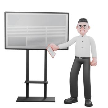 3D Producer Design. A male producer stands next to a blackboard while his right hand holds the notepad forward while his left hand is clenched at his side, expression explaining. 3D Style png