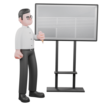 Animated 3D Cartoon. A male producer stands with his right hand holding a pen, ready to write on the board with a ready expression. Director Model png