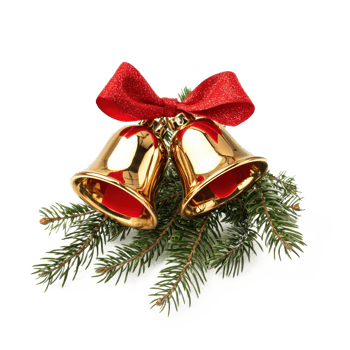 Gold Christmas Bells with red ribbon and bow and green tree branches isolate on transparent background png