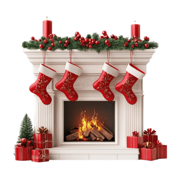 Christmas fireplace with red stockings gifts and decorations isolate on transparent background png