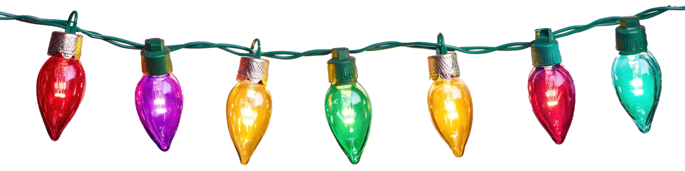 A string of colorful Christmas lights hanging isolate on transparent background png
