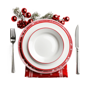 Christmas plate setting with white dishware, silverware and red decorations isolate on transparent background png