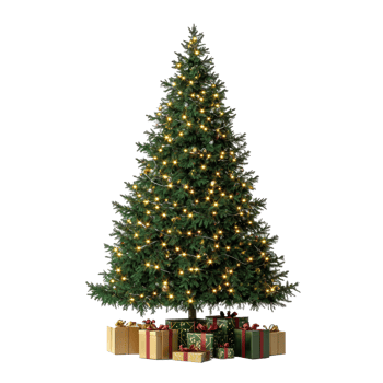 Christmas tree with lights and gifts front view isolate on transparent background png