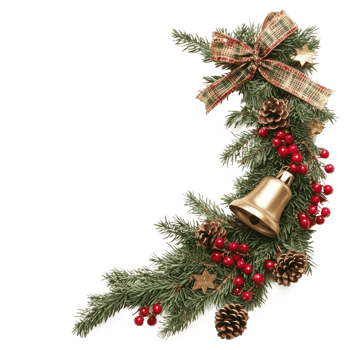 Christmas corner with gold bell and green spruce twigs, red berries, cones and ribbon bow isolate on transparent background png